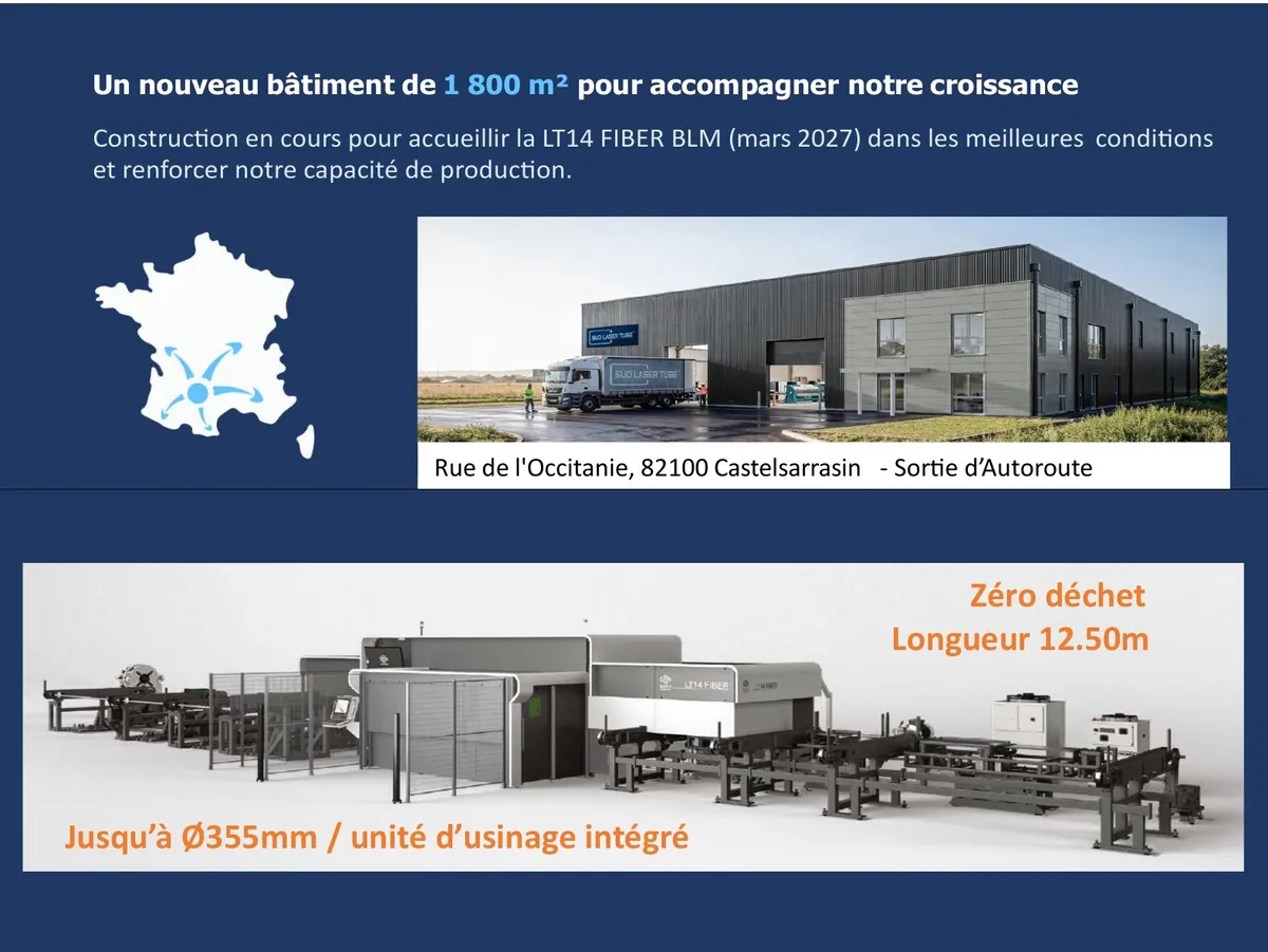 Affiche SUD LASER TUBE : le nouveau bâtiment de 1 800 m² et la LT14 FIBER, tubes jusqu'à Ø355 mm